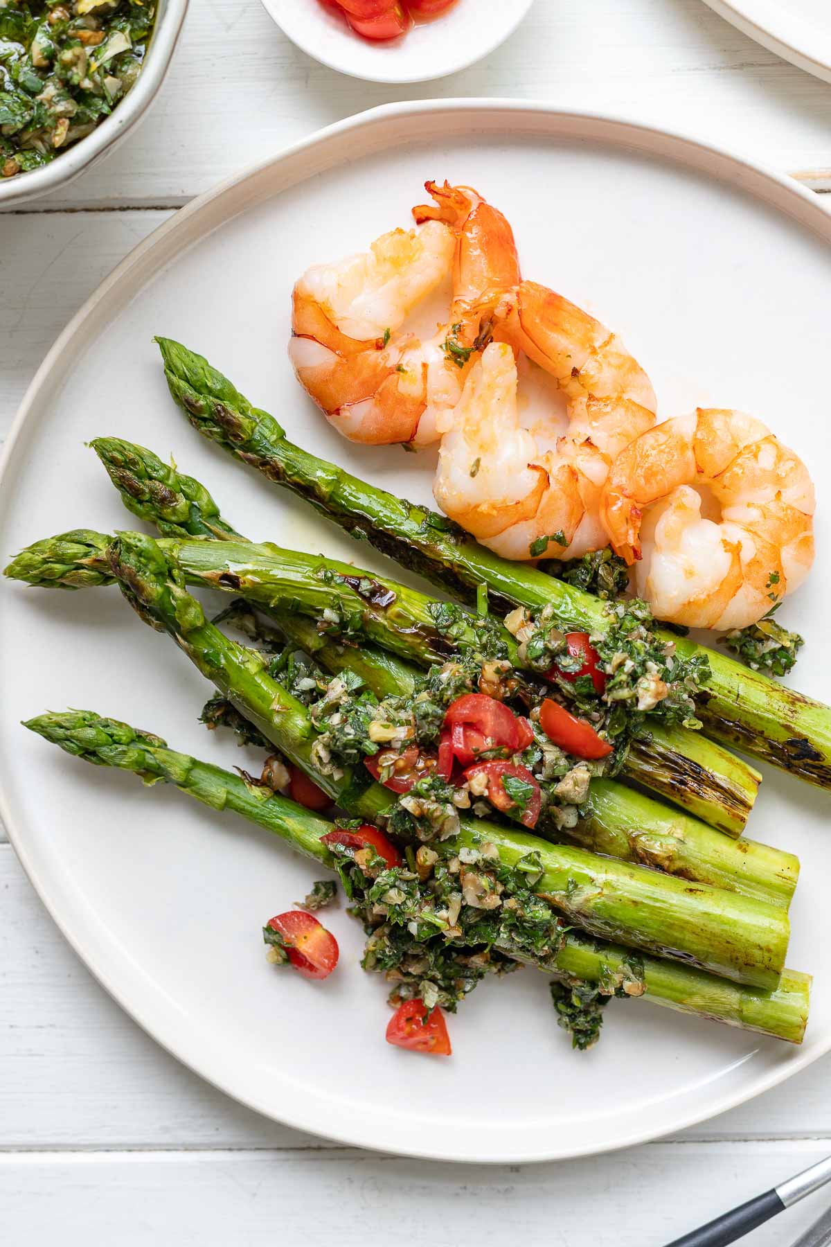 Grilled asparagus with Italian salsa verde & king prawns recipe